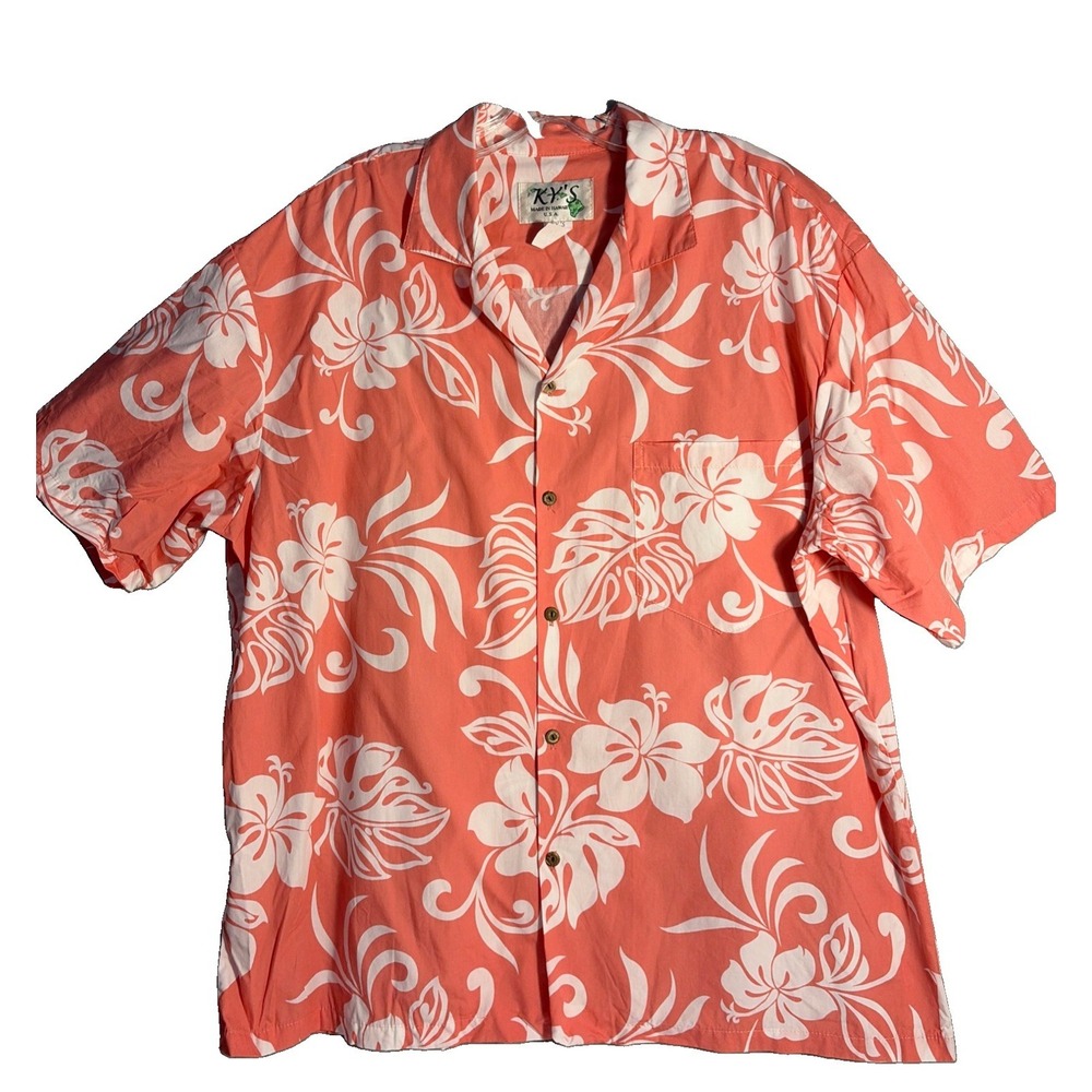 KY'S Vintage Mens XL Hawaiian Shirt-Orange &White Floral -Cotton-Made In USA